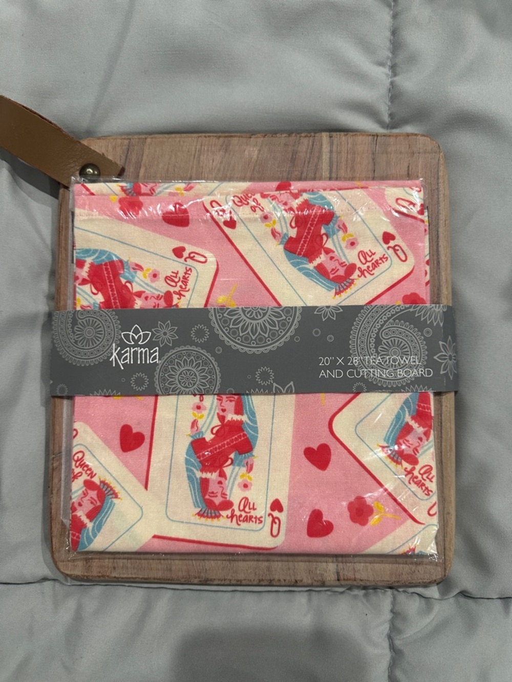 Karma Pink Tea Towel and Wood Cutting Board Set with Red and Blue Accents